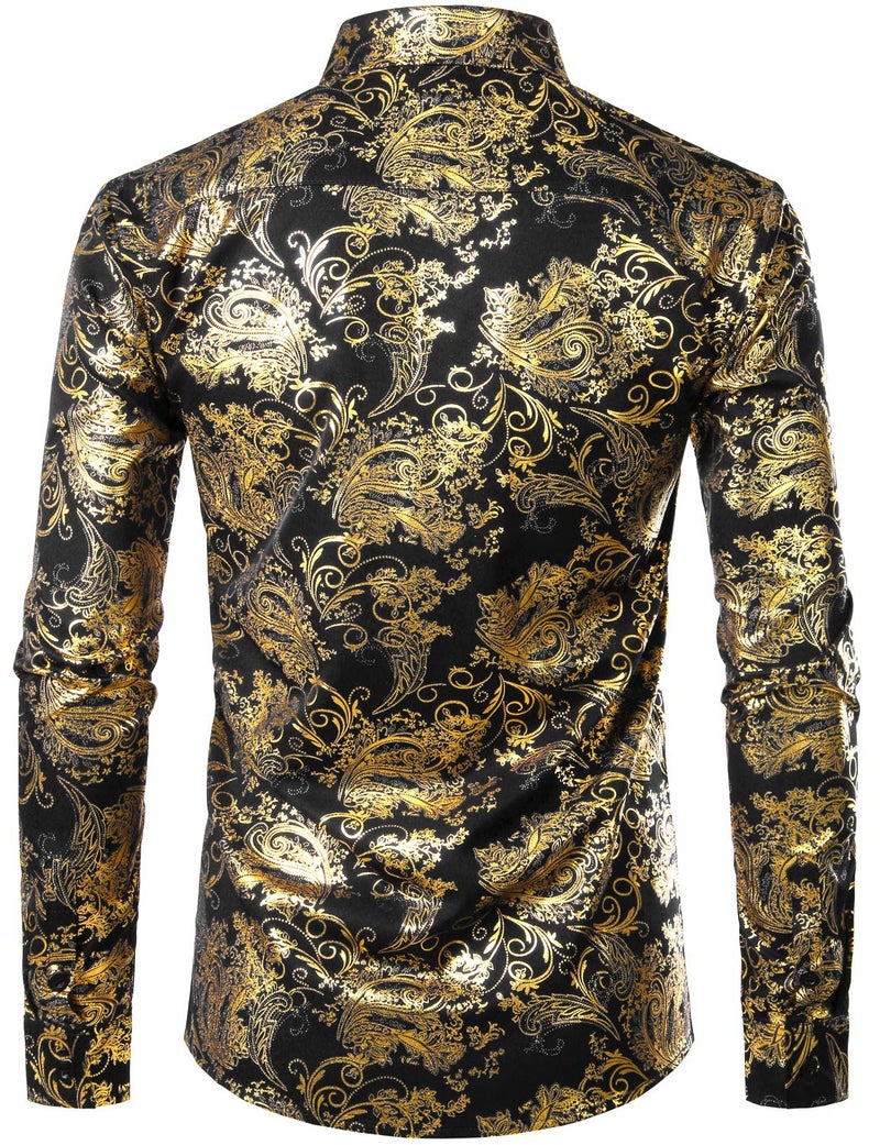ZEROYAA Men's Luxury Paisley Dress Shirt Shiny Floral Printed Button Down Shirts for Party Prom ZLCL18 Black Gold Large - Image 2